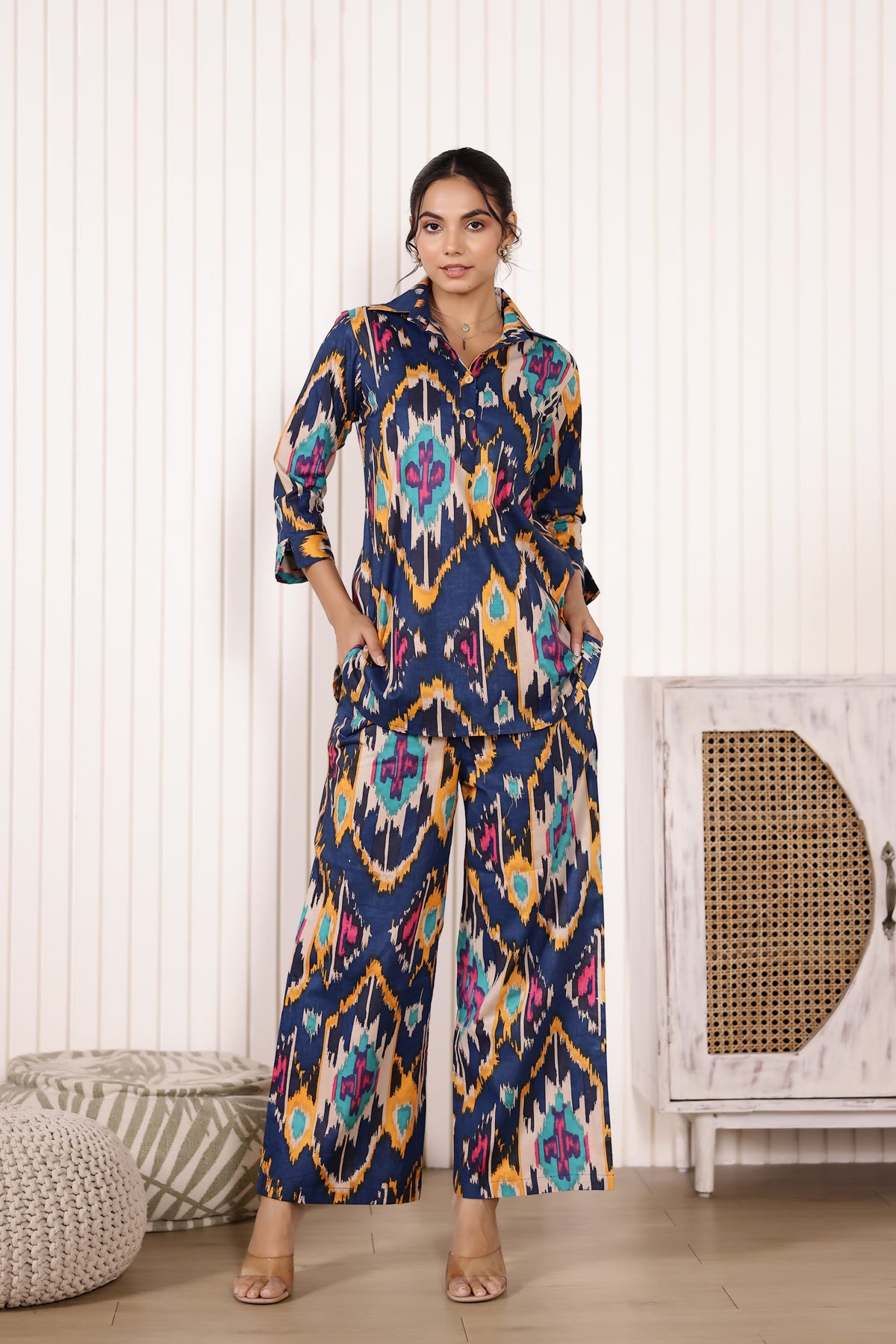 Navy Ikkat Cotton Coord Set