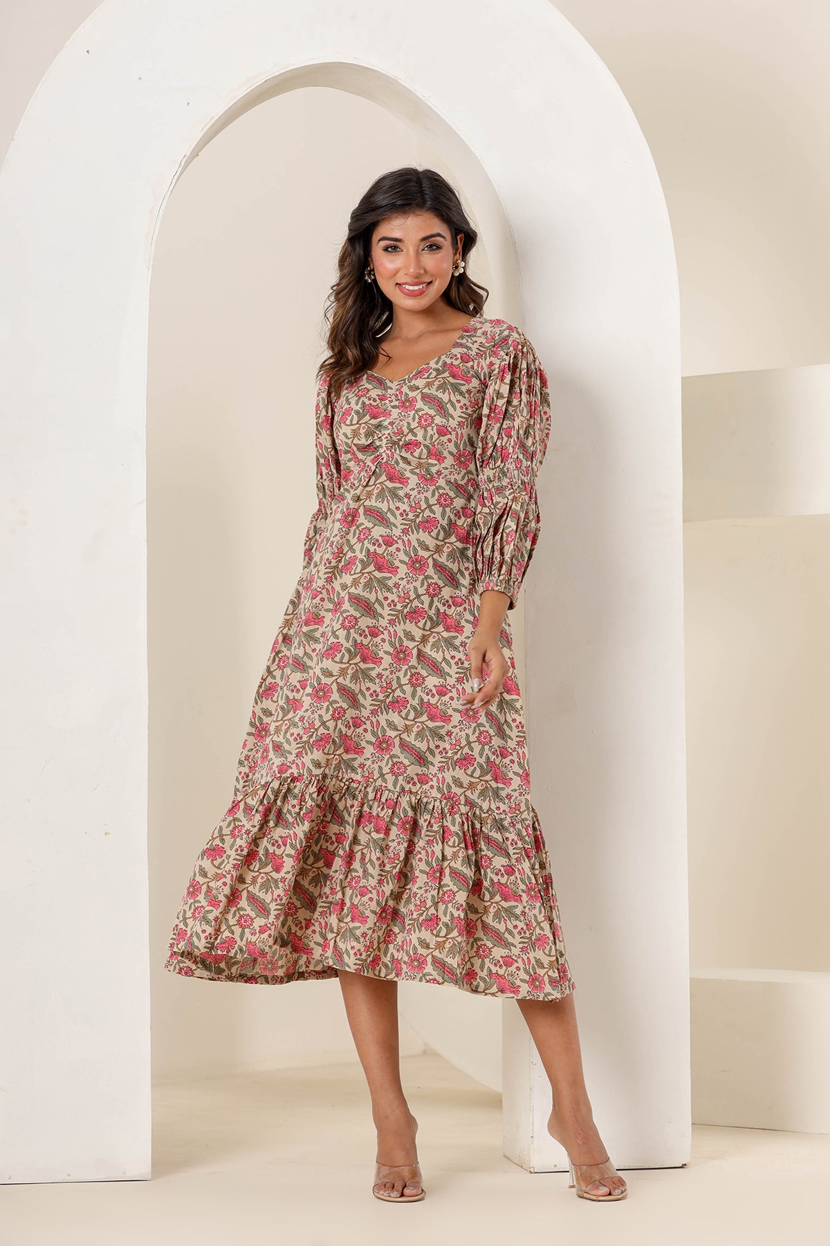 Tan Beige Cotton Printed Dress