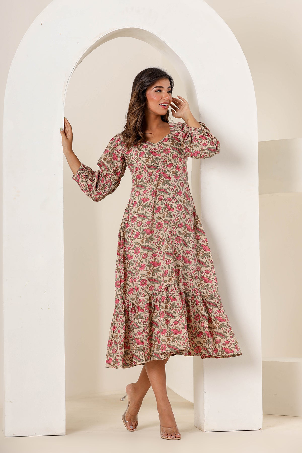 Tan Beige Cotton Printed Dress