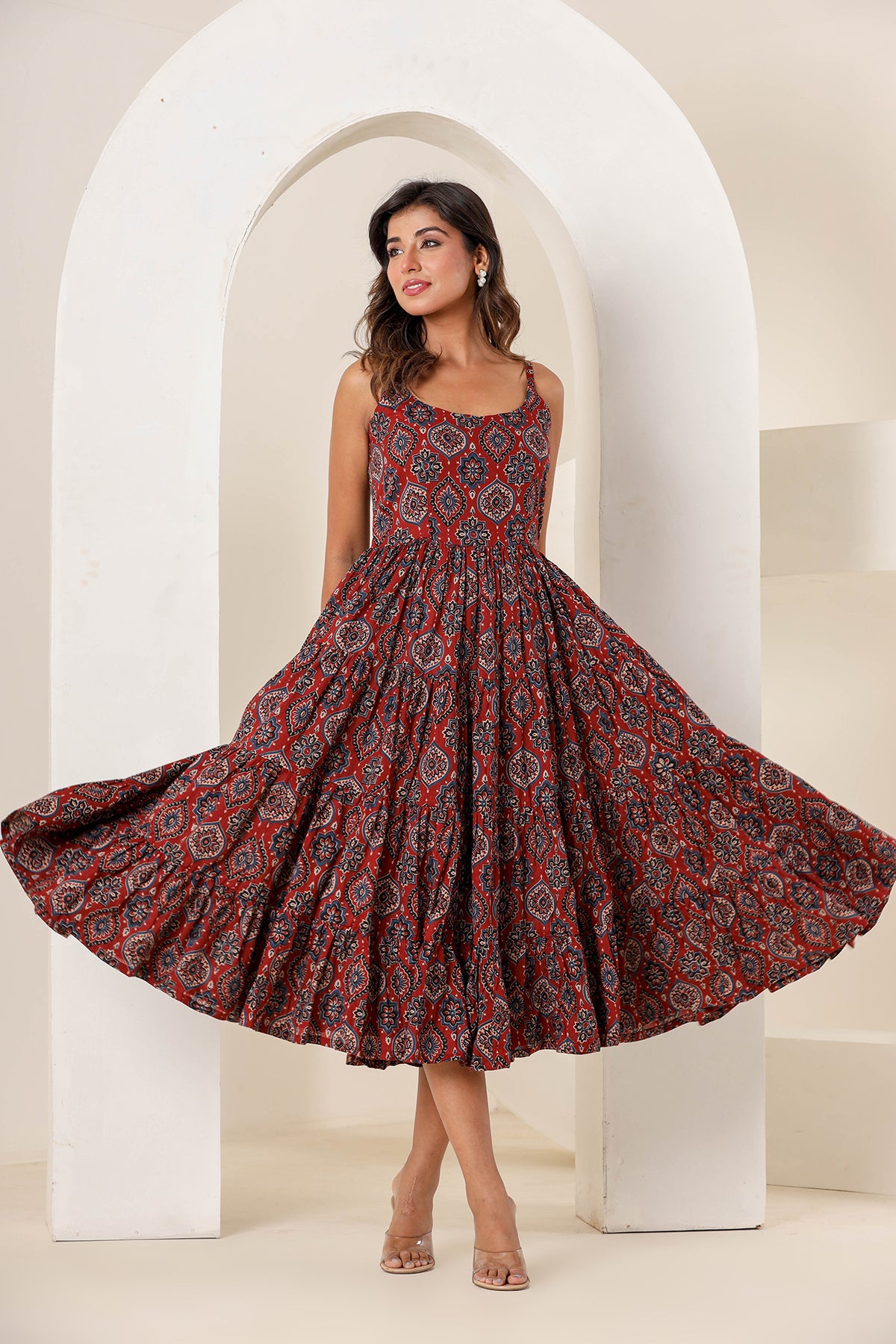 Carmine Maroon Cotton Printed Dress