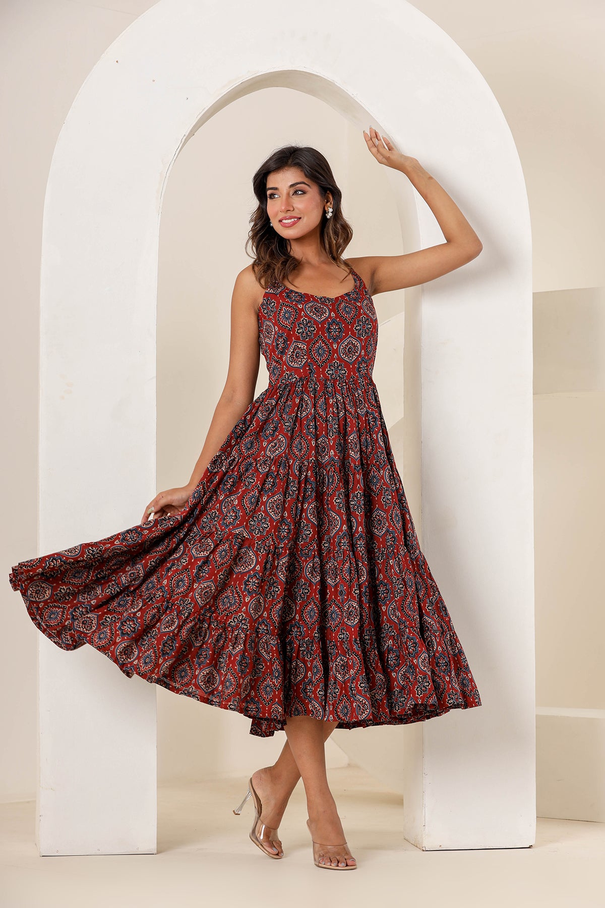 Carmine Maroon Cotton Printed Dress