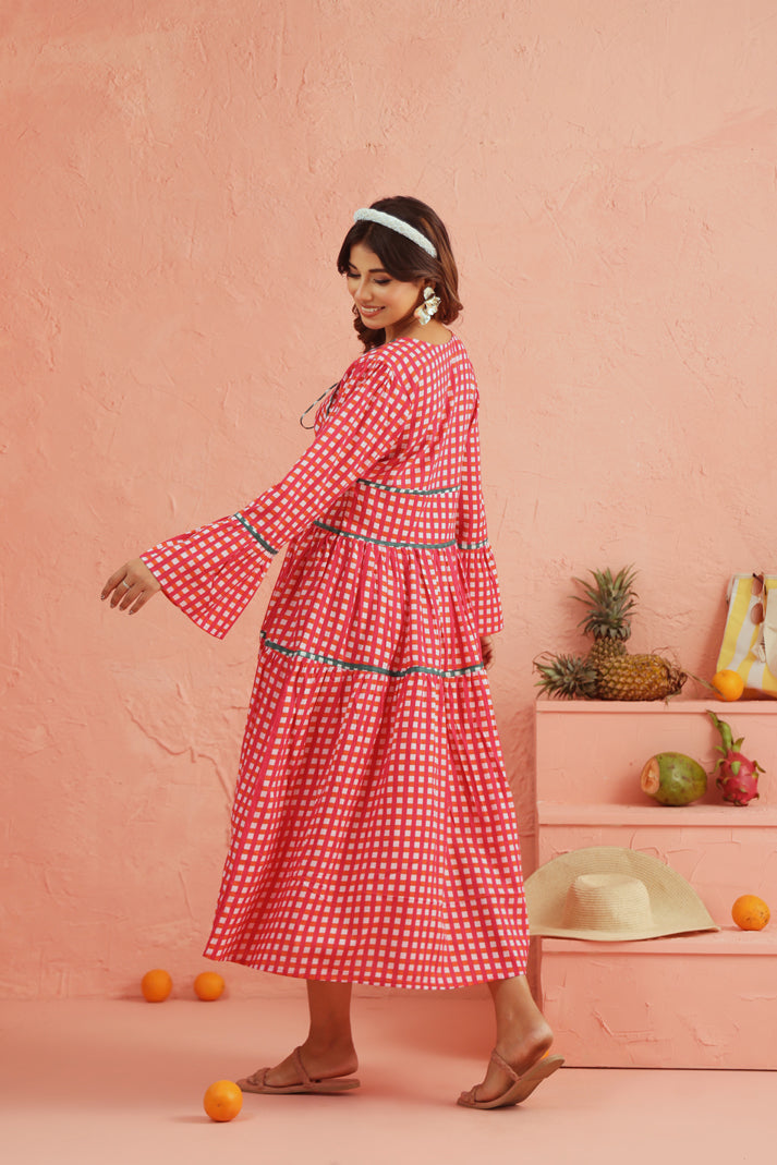 Coral Picnic Cotton Tiered Dress