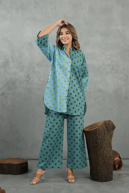 Aqua Polka Dot Cotton Co-Ord Set