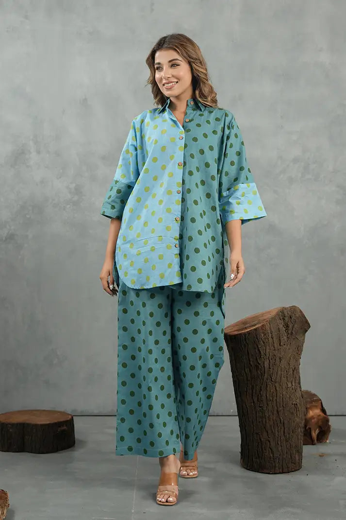 Aqua Polka Dot Cotton Co-Ord Set