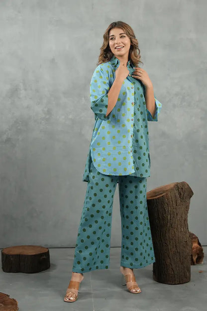 Aqua Polka Dot Cotton Co-Ord Set