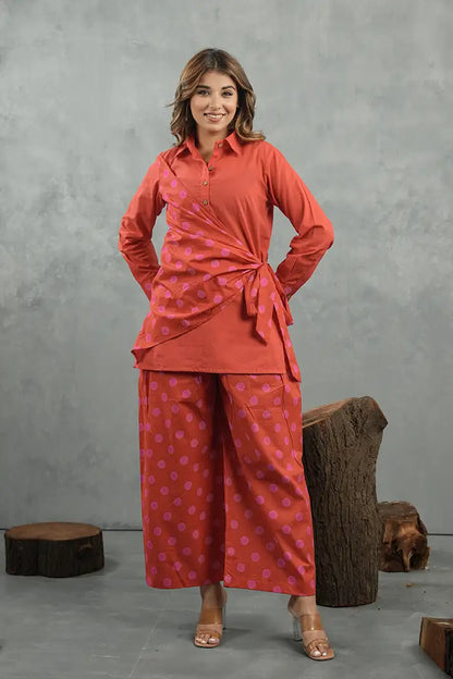 Coral Polka Twist Cotton Co-Ord Set