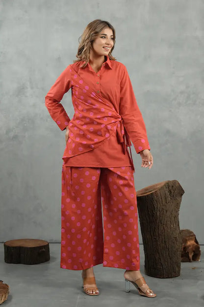 Coral Polka Twist Cotton Co-Ord Set