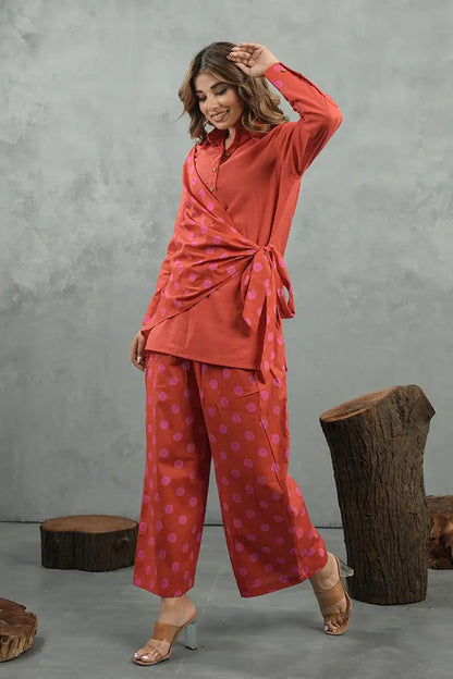 Coral Polka Twist Cotton Co-Ord Set