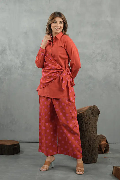 Coral Polka Twist Cotton Co-Ord Set