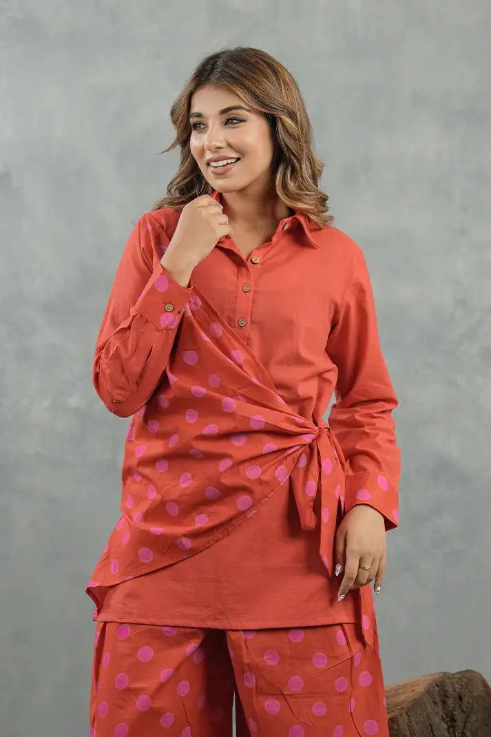 Coral Polka Twist Cotton Co-Ord Set