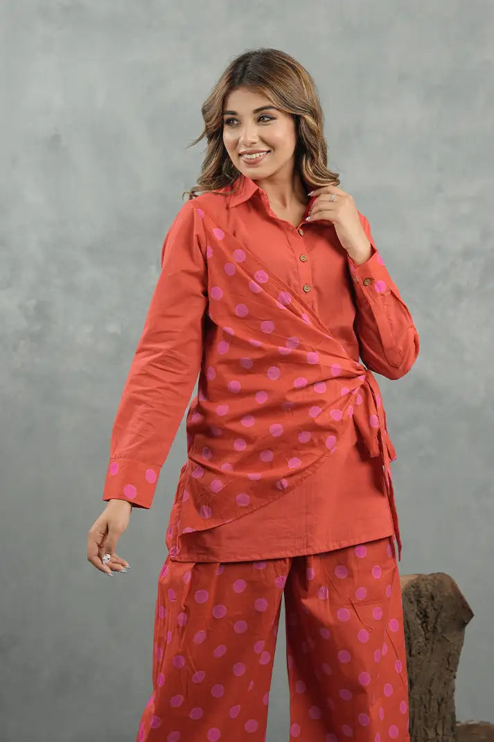 Coral Polka Twist Cotton Co-Ord Set