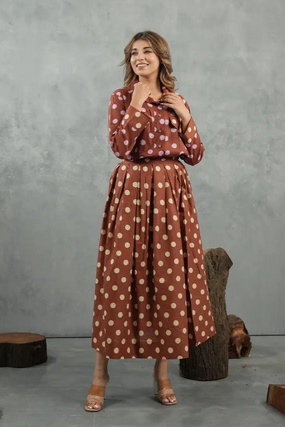 Mocha Polka Skirt Cotton Set