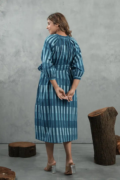 Azure Striped Tie-Waist Midi Dress
