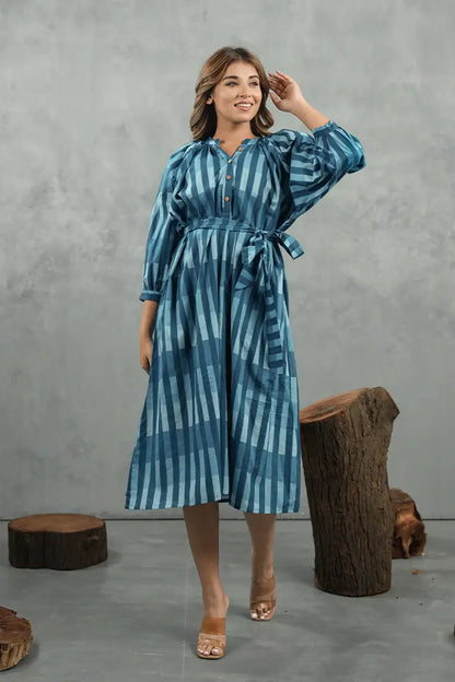 Azure Striped Tie-Waist Midi Dress