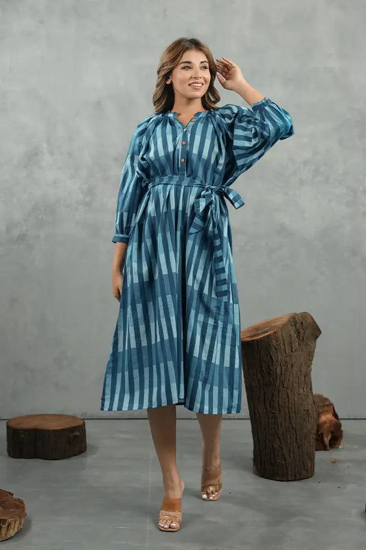 Azure Striped Tie-Waist Midi Dress
