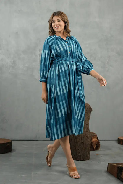 Azure Striped Tie-Waist Midi Dress