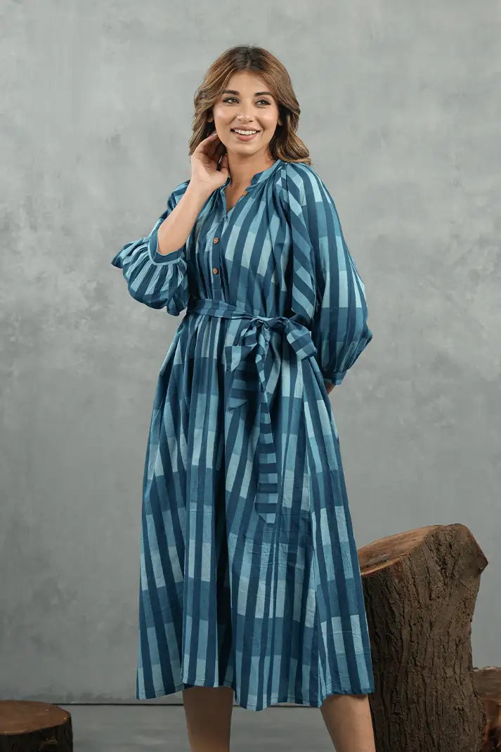 Azure Striped Tie-Waist Midi Dress