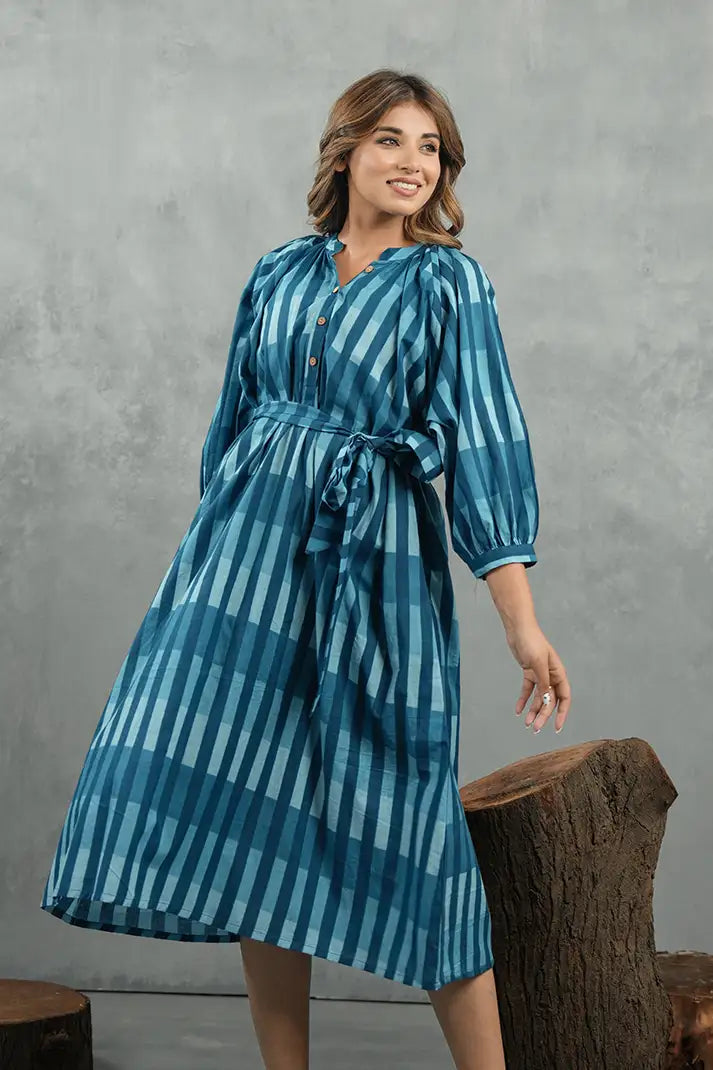 Azure Striped Tie-Waist Midi Dress