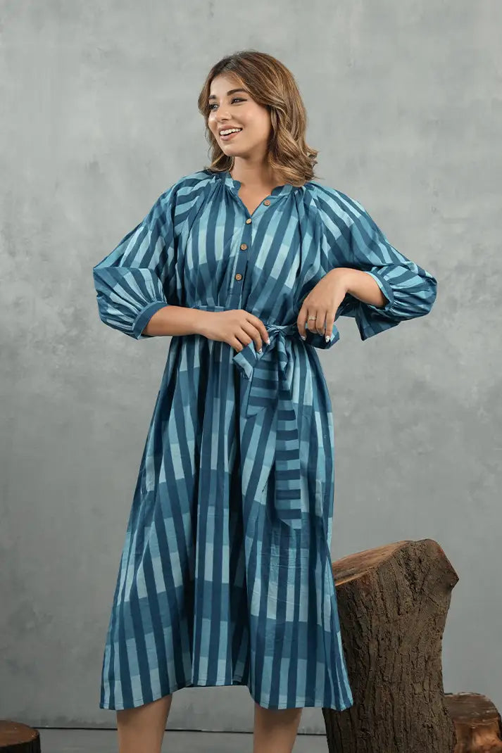 Azure Striped Tie-Waist Midi Dress