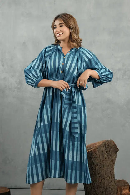 Azure Striped Tie-Waist Midi Dress