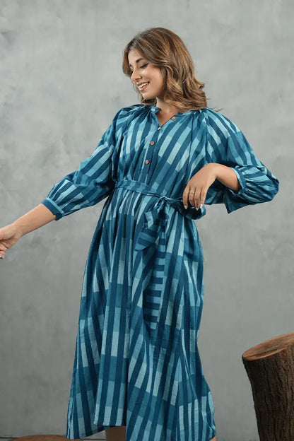 Azure Striped Tie-Waist Midi Dress