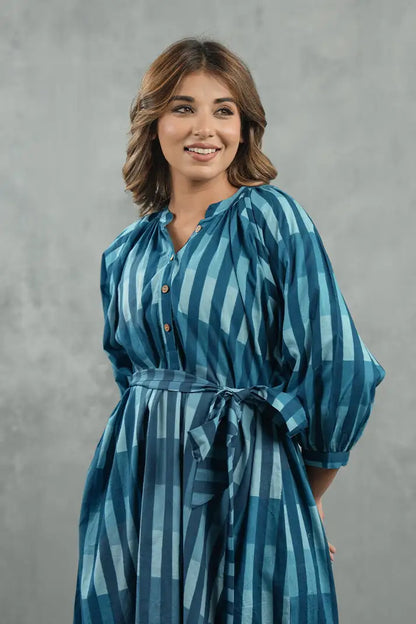 Azure Striped Tie-Waist Midi Dress