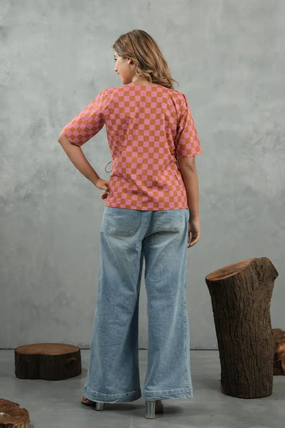 Peach Check Tie-Up Top