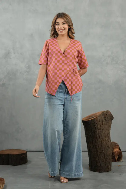 Peach Check Tie-Up Top
