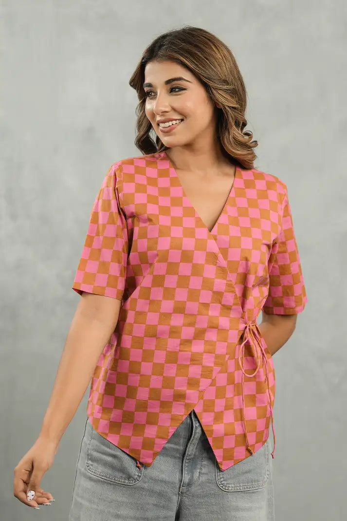 Peach Check Tie-Up Top
