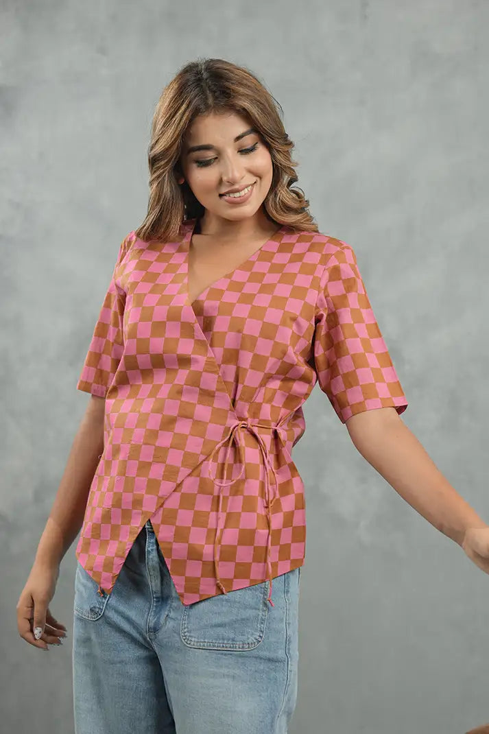Peach Check Tie-Up Top