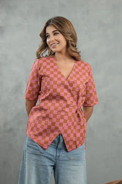 Peach Check Tie-Up Top