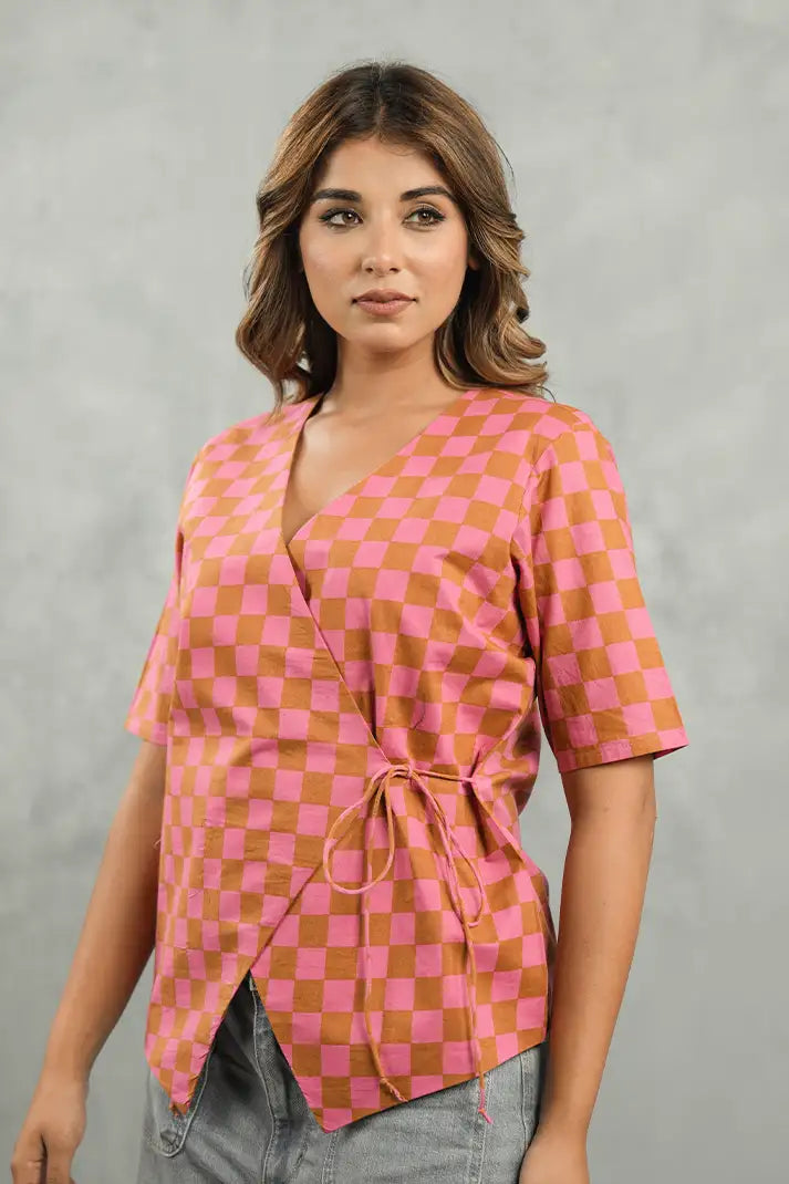 Peach Check Tie-Up Top