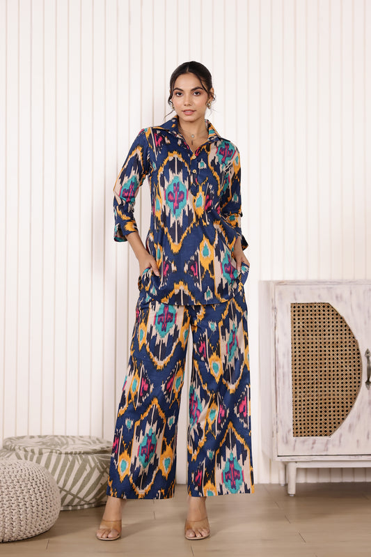 Navy Ikkat Cotton Coord Set