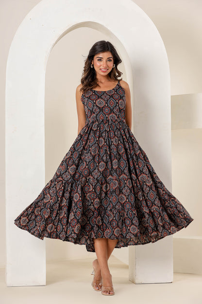 Black Plum Cotton Printed Dress