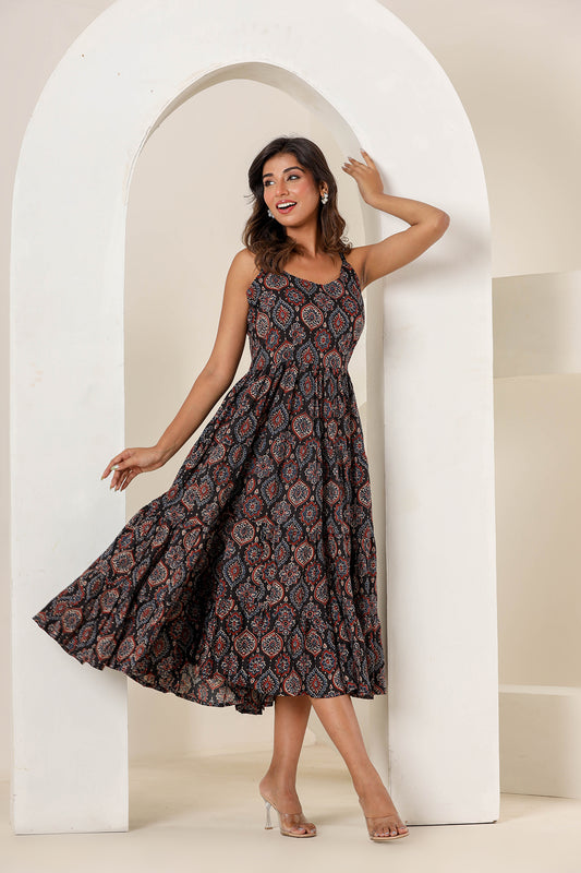 Black Plum Cotton Printed Dress