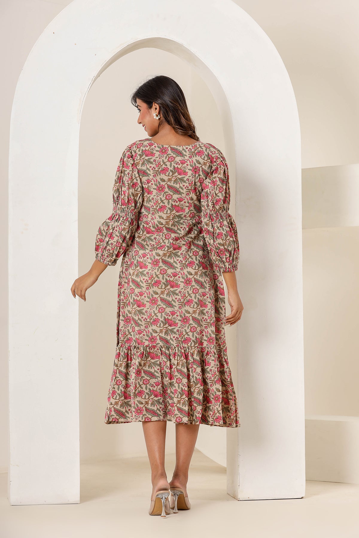 Tan Beige Cotton Printed Dress