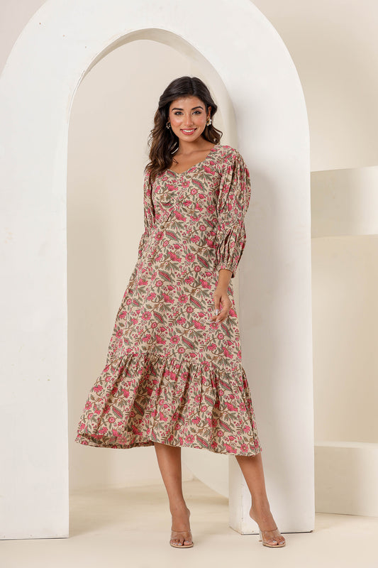 Tan Beige Cotton Printed Dress
