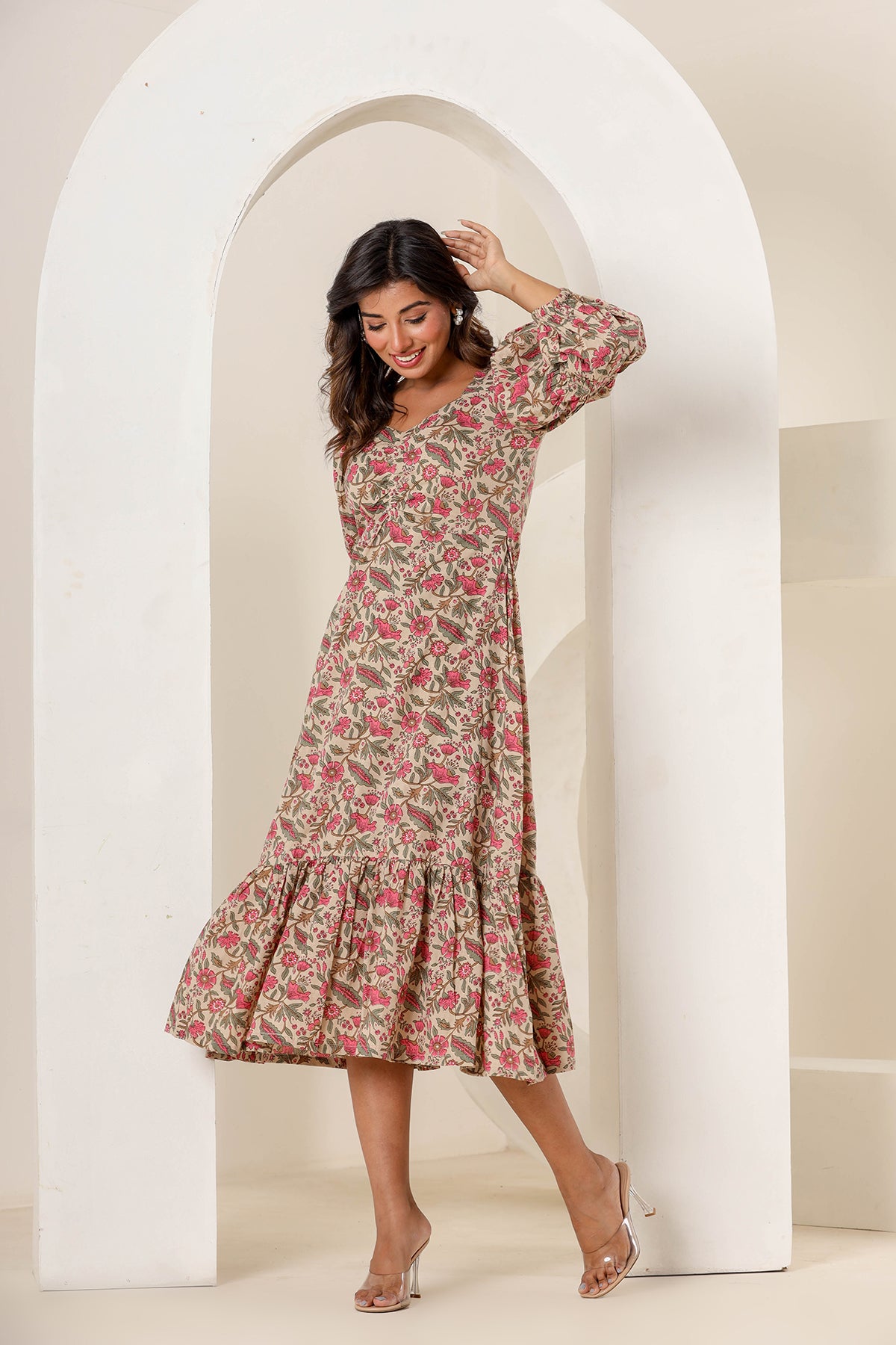 Tan Beige Cotton Printed Dress