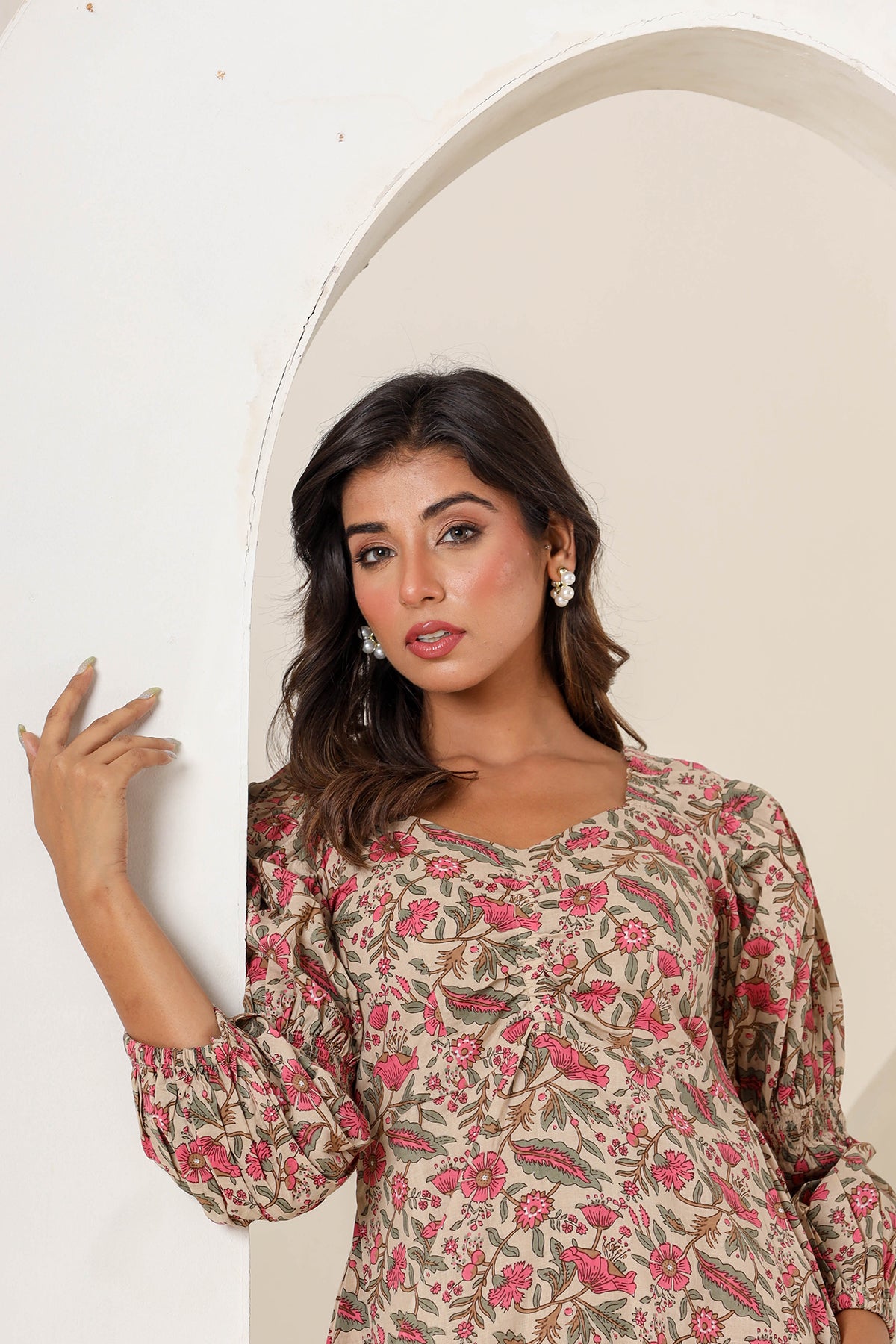 Tan Beige Cotton Printed Dress