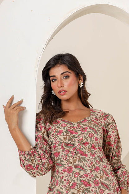 Tan Beige Cotton Printed Dress