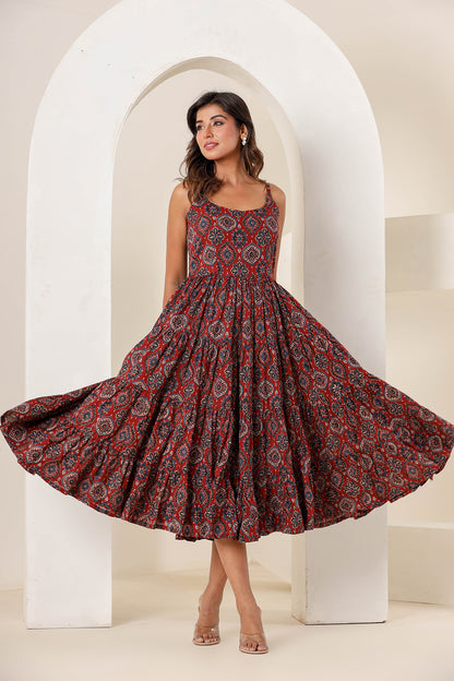Carmine Maroon Cotton Printed Dress