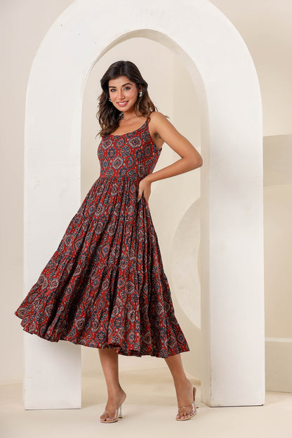 Carmine Maroon Cotton Printed Dress
