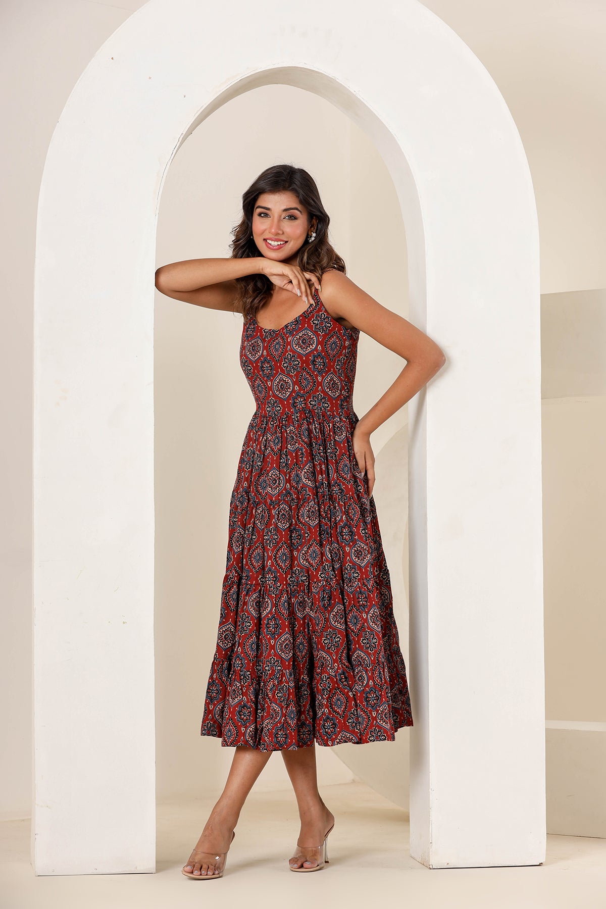 Carmine Maroon Cotton Printed Dress