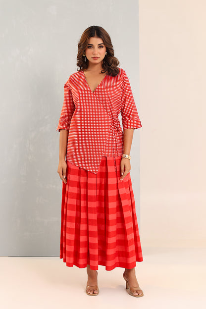 Red Confetti Wrap Top & Skirt Set
