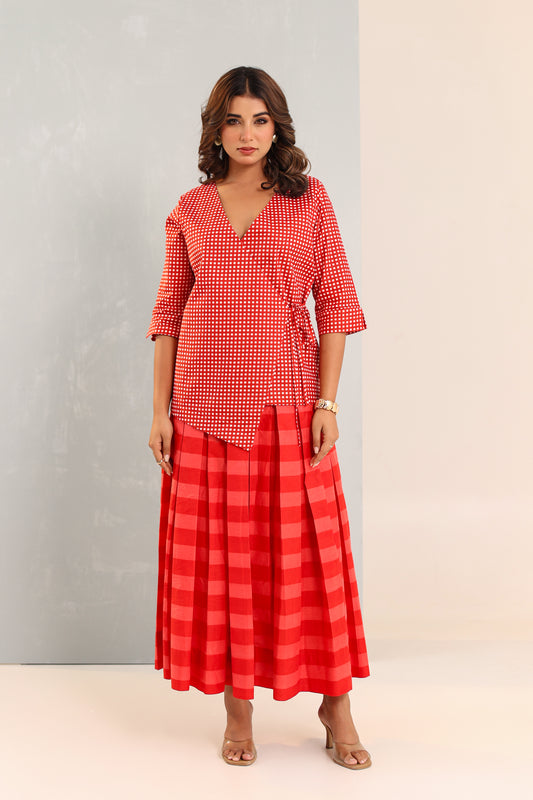 Red Confetti Wrap Top & Skirt Set