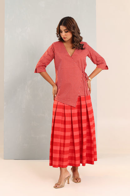 Red Confetti Wrap Top & Skirt Set