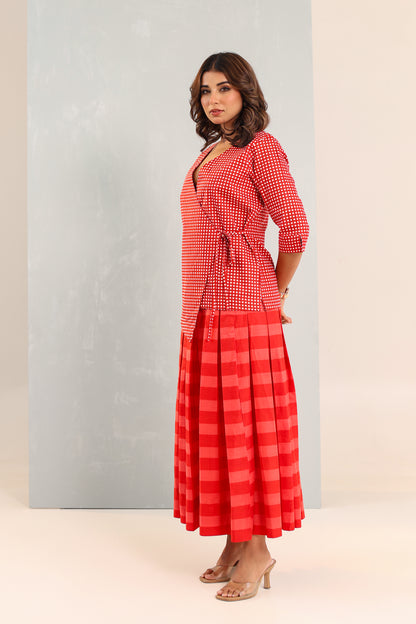 Red Confetti Wrap Top & Skirt Set