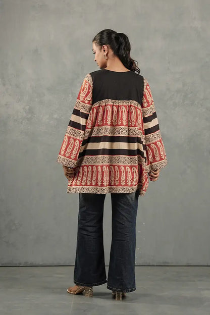 Rust & Black Printed Flare Top