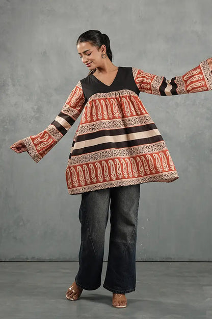 Rust & Black Printed Flare Top