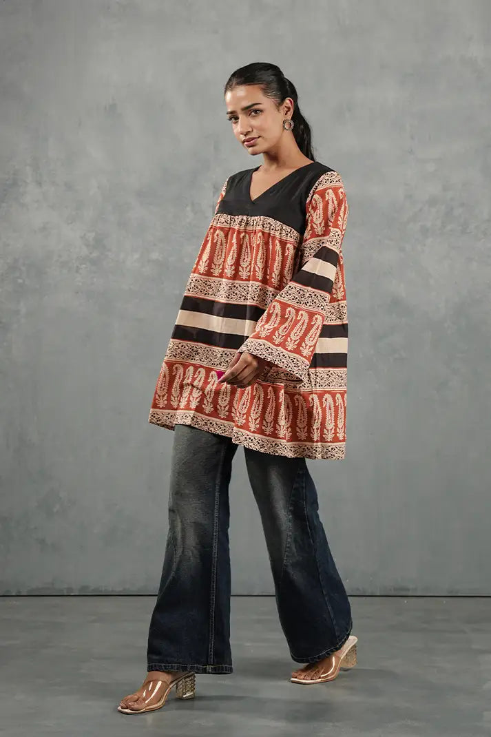 Rust & Black Printed Flare Top
